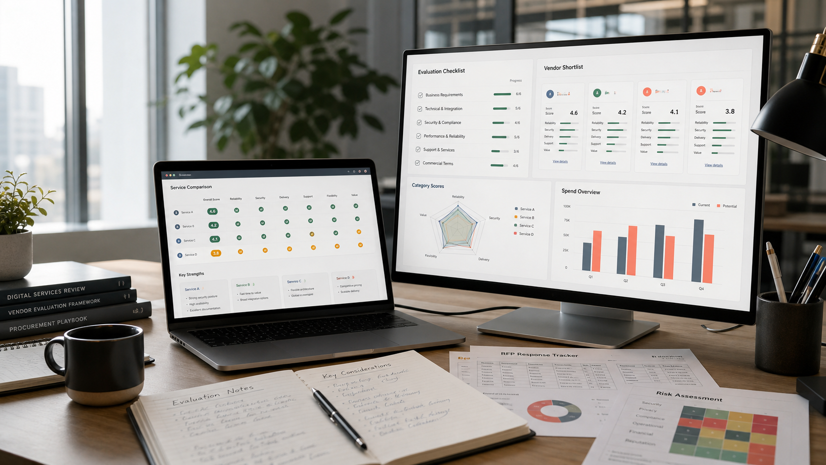 Digital services comparison dashboards on a consultancy review desk